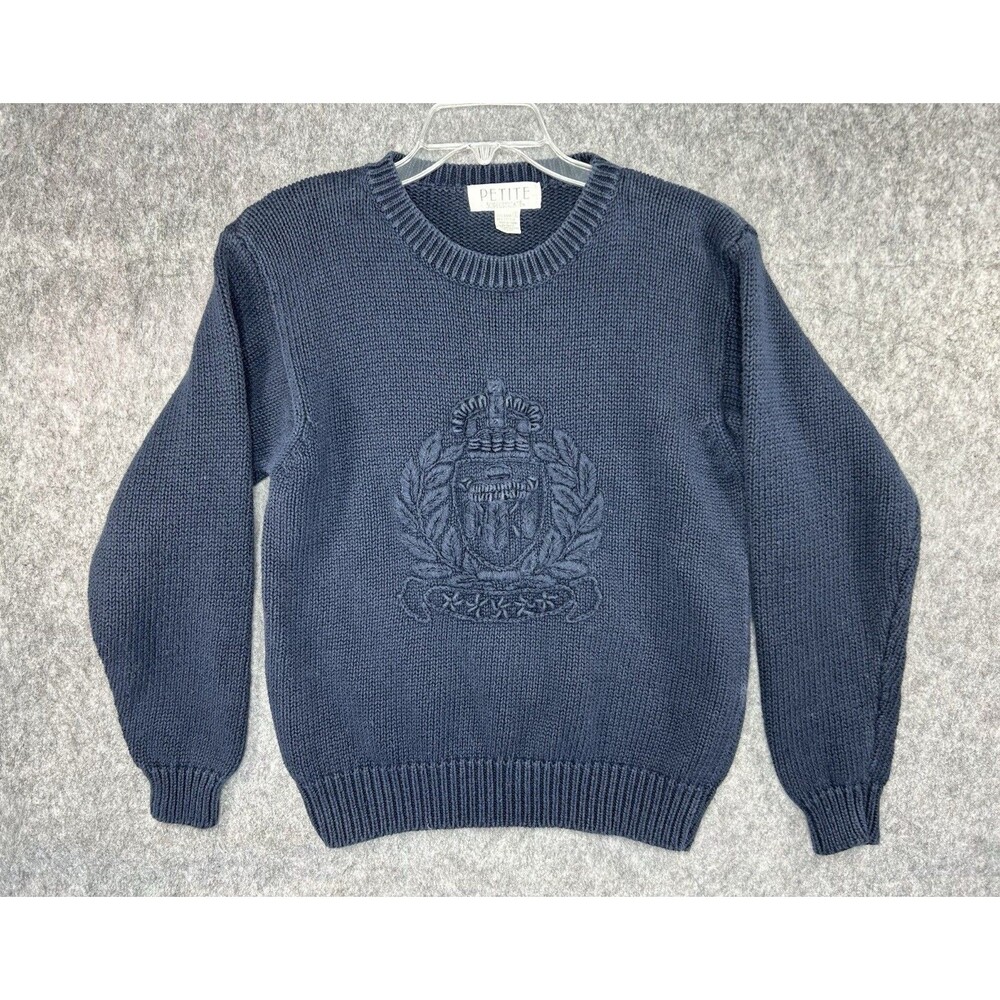Petite Sophisticate Small Knit Blue Sweater Crest Y2K 90s Oversized